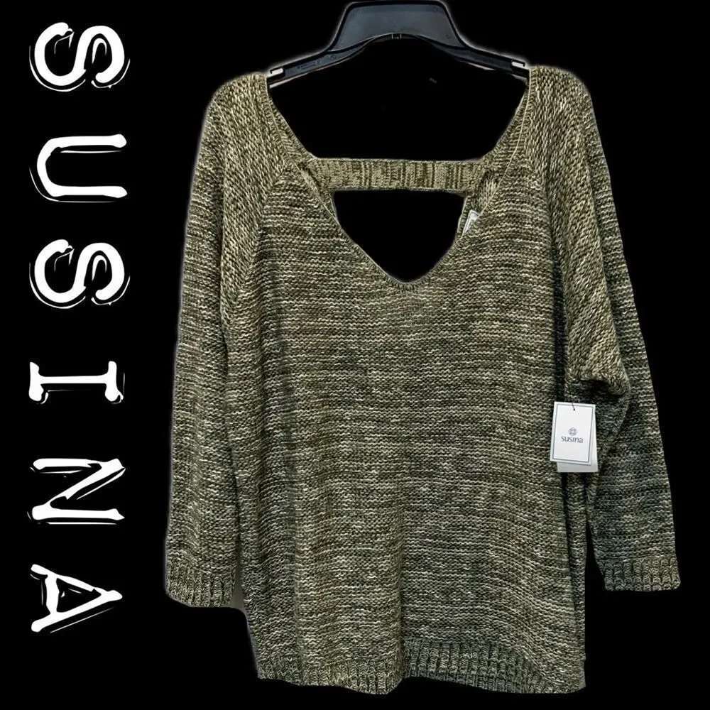 NWT SUSINA Olive green/white knit Deep V-Neck Strap Back Sweater Size 1X